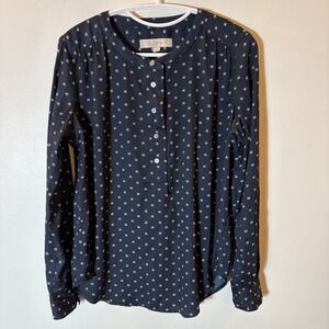 LOFT Navy Blue‎ Geometric Diamond Print Blouse Long Sleeve Size XS